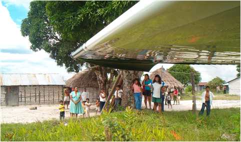 Mission plane wing and natives in remote Venezuela village