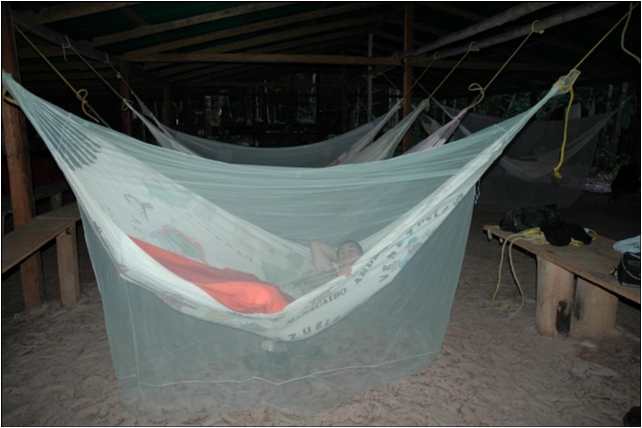 Guests sleep in hammocks with mosquito net at base camp