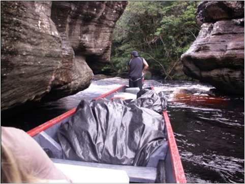 Angel Falls boat going downriver backwards