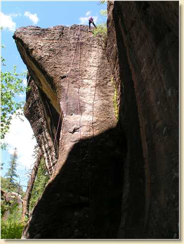 View from below of Diana Adams on rappelling cliff