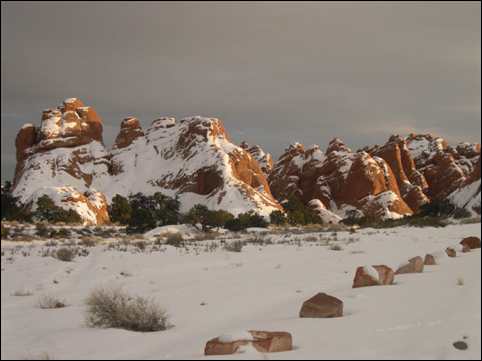 Snow on sandstone formations in Arches National Park
