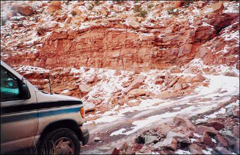 Adams' van on icy Shaffer Trail