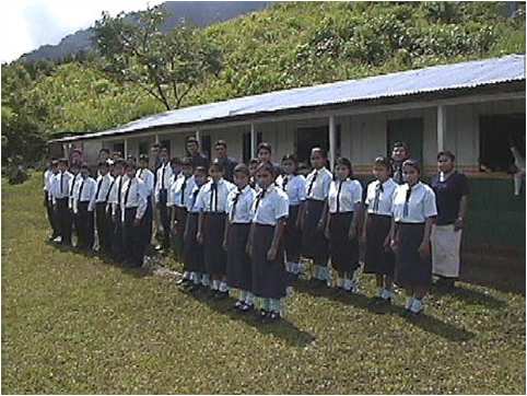 Students in uniform at San Lorenzo school in Chiapas, Mexico