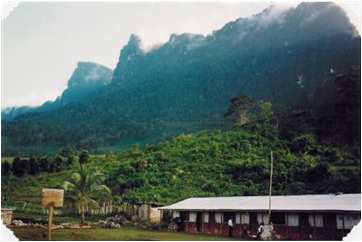 San Lorenzo school at base of towering peaks in Chiapas, Mexico