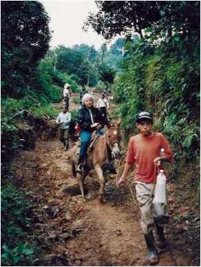 Betty Adams rides a mule on rough mountain trail to San Lorenzo